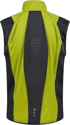 Rückseite einer Fahrradweste mit zwei Farbflächen und reflektierenden Details. Rückseite einer Fahrradweste mit zwei Farbflächen und reflektierenden Details.