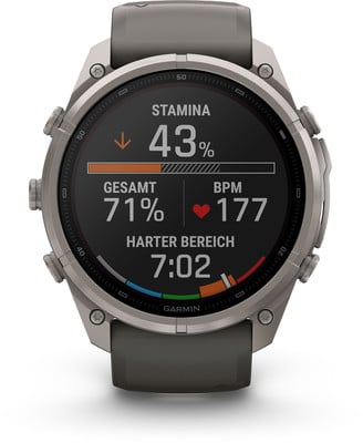 Eine Garmin-Smartwatch zeigt Ausdauerstatus und Herzfrequenz an.