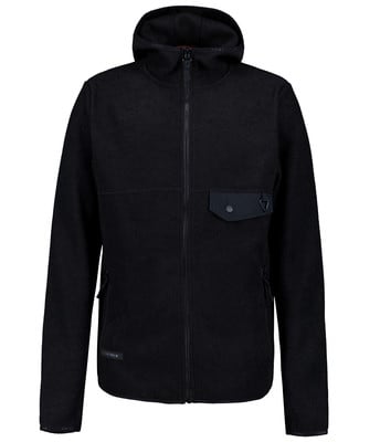 Schwarze Fleecejacke mit Kapuze und Reißverschluss, mit einer Brusttasche. Schwarze Fleecejacke mit Kapuze und Reißverschluss, mit einer Brusttasche.