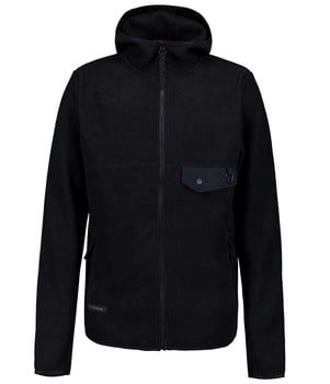 Schwarze Fleecejacke mit Kapuze und Reißverschluss, mit einer Brusttasche.