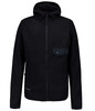 Schwarze Fleecejacke mit Kapuze und Reißverschluss, mit einer Brusttasche.