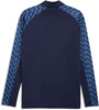 Dunkelblaues Langarmshirt mit blauem geometrischem Muster auf den Ärmeln.