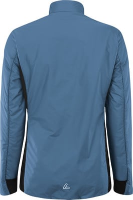 Rückansicht einer blauen Jacke mit schwarzen Seiten und weißem Logo.