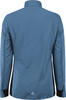 Rückansicht einer blauen Jacke mit schwarzen Seiten und weißem Logo.