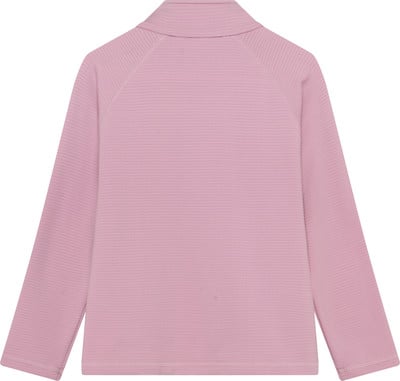 Rückansicht eines rosafarbenen Langarmshirts mit Stehkragen. Rückansicht eines rosafarbenen Langarmshirts mit Stehkragen.