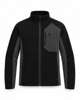 Schwarze Fleecejacke mit grauen Einsätzen und Spinnenlogo. Schwarze Fleecejacke mit grauen Einsätzen und Spinnenlogo.