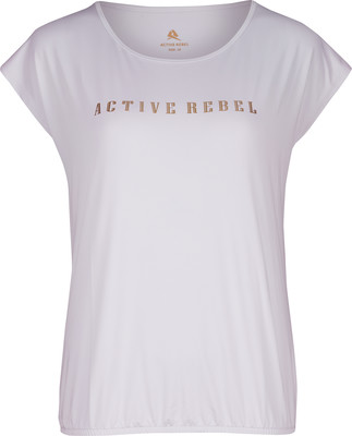 Weißes T-Shirt mit kurzen Ärmeln und goldenem Schriftzug ACTIVE REBEL. Weißes T-Shirt mit kurzen Ärmeln und goldenem Schriftzug ACTIVE REBEL.