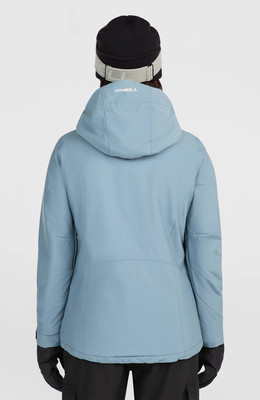 Rückansicht einer blauen Damen-Skijacke mit Kapuze und O'Neill-Logo.