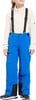 Mädchen in blauer Skihose mit Hosenträgern und cremefarbener Jacke.