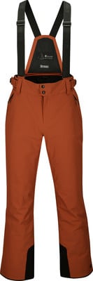 Orange Latzhose für Skifahrer mit schwarzen Akzenten.