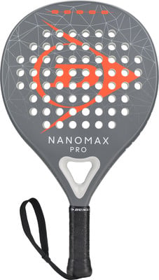 Grauer Dunlop Padel-Schläger mit orangefarbenem Logo und weißem Rahmen. Grauer Dunlop Padel-Schläger mit orangefarbenem Logo und weißem Rahmen.