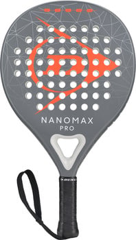 Grauer Dunlop Padel-Schläger mit orangefarbenem Logo und weißem Rahmen.