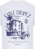 Weißes T-Shirt mit dunkelblauem Saint-Tropez und Hafen-Aufdruck.