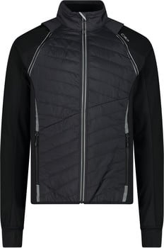 Schwarze Steppjacke mit Kapuze und Reflektoren.