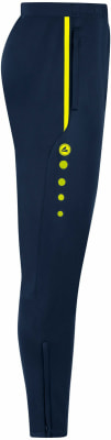 Marineblaue Sporthose mit gelben Akzenten und Logo.