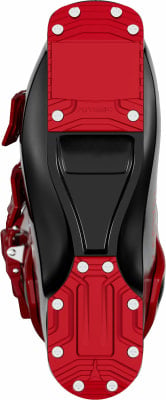 Blick von unten auf schwarze Skischuhe mit roter Sohle und Atomic-Logo. Blick von unten auf schwarze Skischuhe mit roter Sohle und Atomic-Logo.
