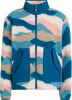 Bunte Fleecejacke mit Reißverschluss und blauen Taschen.