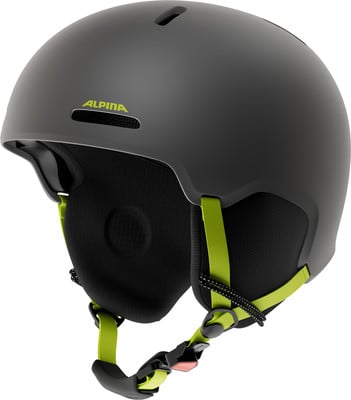 Grauer Alpina Skihelm mit grünen Gurten und Schnalle. Grauer Alpina Skihelm mit grünen Gurten und Schnalle.