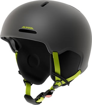 Grauer Alpina Skihelm mit grünen Gurten und Schnalle.