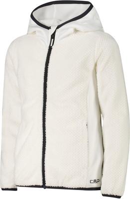 Damen weiße Fleecejacke mit Kapuze und schwarzer Paspel.