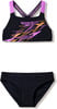 Schwarzer Speedo-Badeanzug mit lila und orangefarbenen Akzenten und lila Trägern.