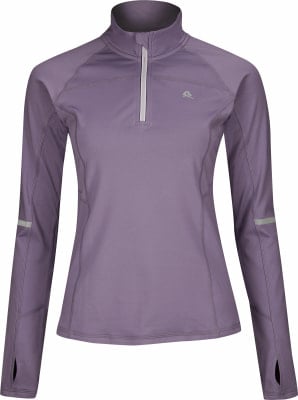 Lila Damen-Sportoberteil mit langen Ärmeln und halbem Reißverschluss.