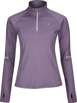 Lila Damen-Sportoberteil mit langen Ärmeln und halbem Reißverschluss.