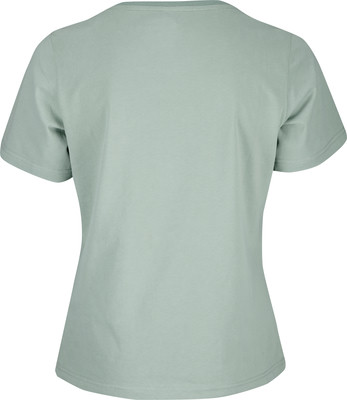 Grünes Damen-T-Shirt mit kurzen Ärmeln und Rundhalsausschnitt.