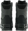 Rückansicht eines Paares schwarzer und grauer Winterstiefel mit Gore-Tex-Membran.