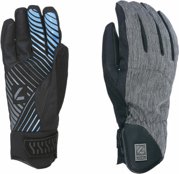 Zwei Skihandschuhe mit blau-grauem Muster und Level-Logo.
