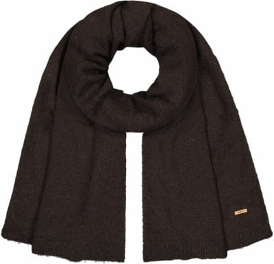 Brauner Strickschal mit dezentem Markenlogo an einem Ende. Brauner Strickschal mit dezentem Markenlogo an einem Ende.