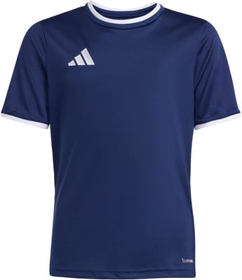 Ein dunkelblaues Adidas-T-Shirt mit weißem Logo und Bündchen. Ein dunkelblaues Adidas-T-Shirt mit weißem Logo und Bündchen.