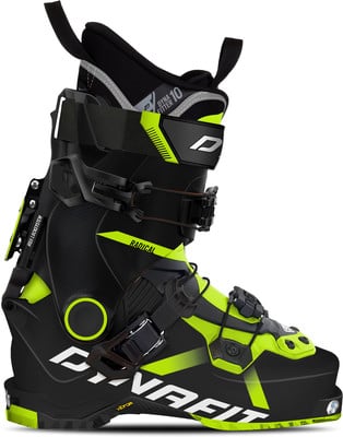 Schwarzer Skischuh mit neongrünen Akzenten und Dynafit-Logo. Schwarzer Skischuh mit neongrünen Akzenten und Dynafit-Logo.