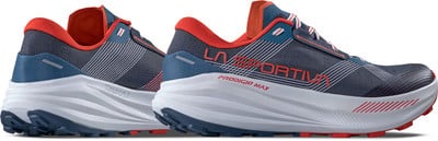 Herren-Laufschuhe La Sportiva Prodigio Max in Dunkelblau mit orangefarbenen Details.
