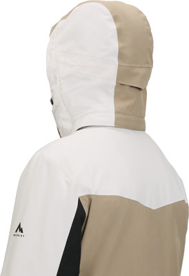 Rückansicht einer Kapuzenjacke in Creme und Beige mit Logo.