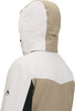 Rückansicht einer Kapuzenjacke in Creme und Beige mit Logo.