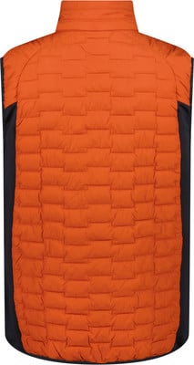 Rückansicht einer orangefarbenen Steppweste mit schwarzen Seiten. Rückansicht einer orangefarbenen Steppweste mit schwarzen Seiten.