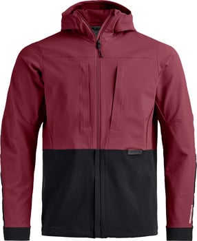 Eine zweifarbige Jacke in Bordeauxrot und Schwarz mit Kapuze und Reißverschluss.