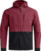 Eine zweifarbige Jacke in Bordeauxrot und Schwarz mit Kapuze und Reißverschluss.