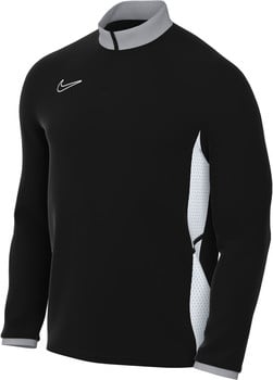 Ein schwarzes Nike-Sweatshirt mit weißem Logo und grauem Kragen, mit weißen Seitenpaneelen.