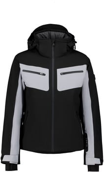 Schwarze Jacke mit grauen Einsätzen und Kapuze, ideal zum Skifahren.