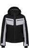 Schwarze Jacke mit grauen Einsätzen und Kapuze, ideal zum Skifahren.