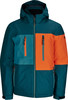 Dunkelgrüne Jacke mit orangefarbenen und blauen Einsätzen und Kapuze.