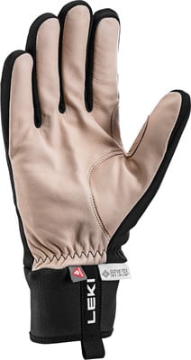 Rechte Handschuh mit beiger Handfläche und schwarzen Fingern und Manschette.