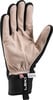 Rechte Handschuh mit beiger Handfläche und schwarzen Fingern und Manschette.