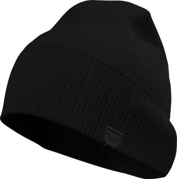 Schwarze Strickmütze mit Markenlogo vorne.