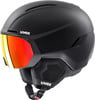 Schwarzer UVEX Skihelm mit integrierter roter Skibrille, auf weißem Hintergrund.