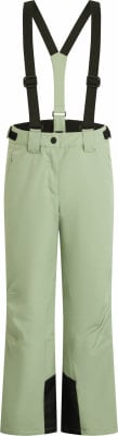 Hellgrüne Skihose mit schwarzen Hosenträgern und schwarzen Beinabschlüssen.