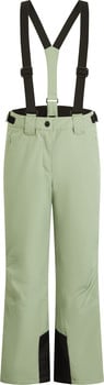 Hellgrüne Skihose mit schwarzen Hosenträgern und schwarzen Beinabschlüssen.