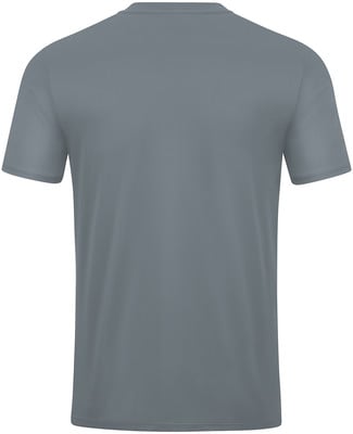 Rückseite eines dunkelgrauen T-Shirts mit kurzen Ärmeln.